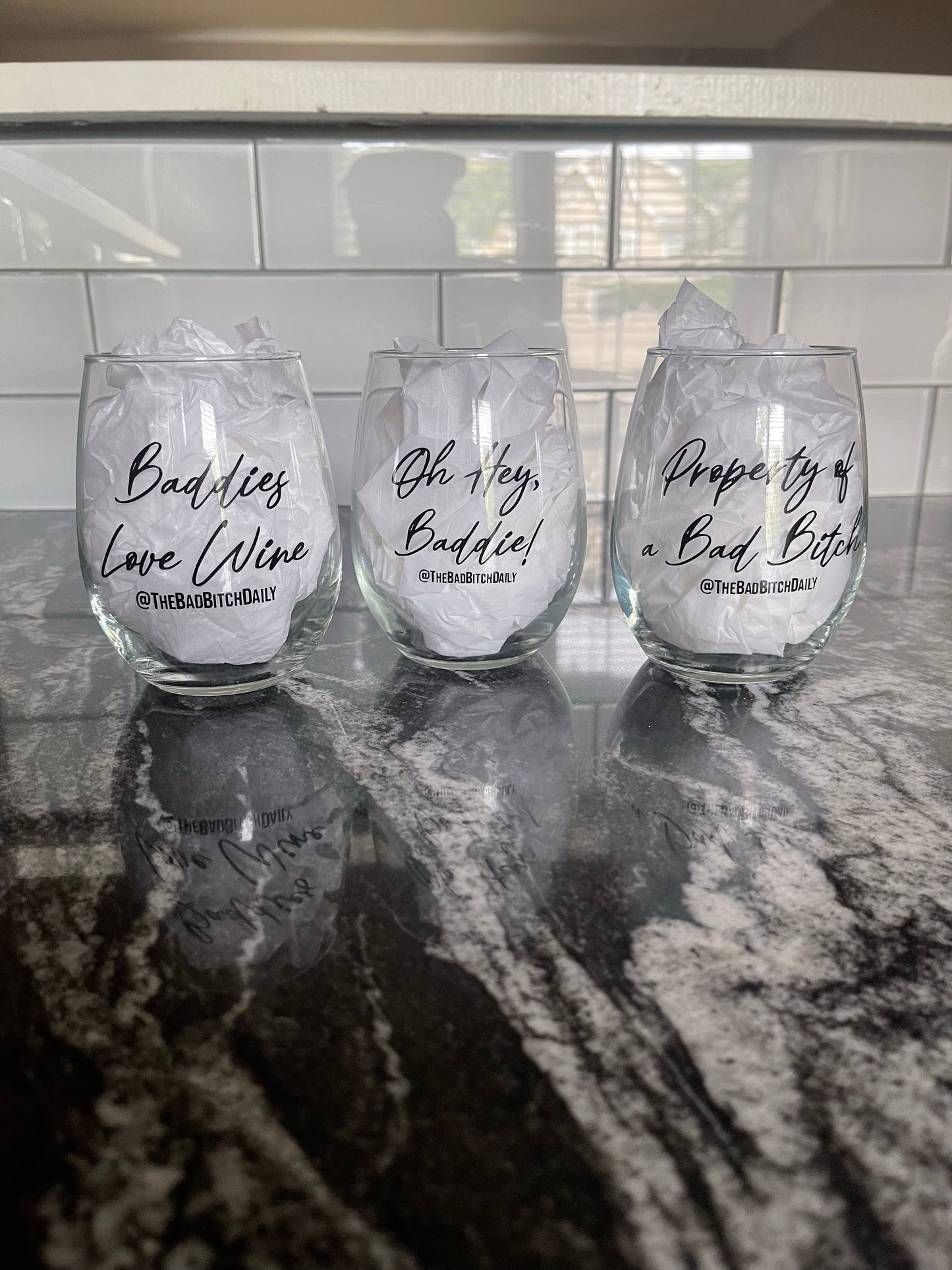 “Oh Hey, Baddie!" Stemless Wine Glass