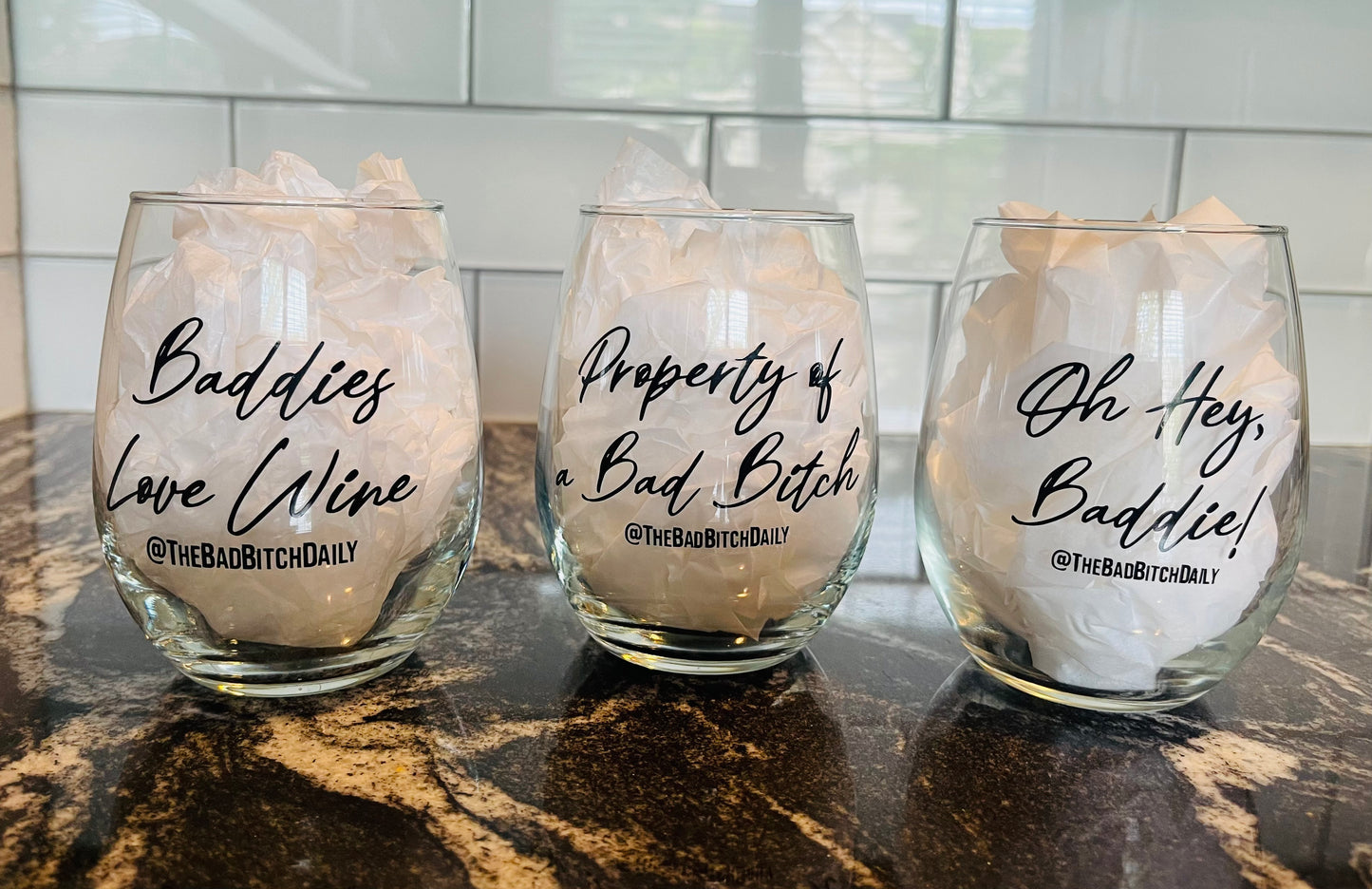 “Oh Hey, Baddie!" Stemless Wine Glass